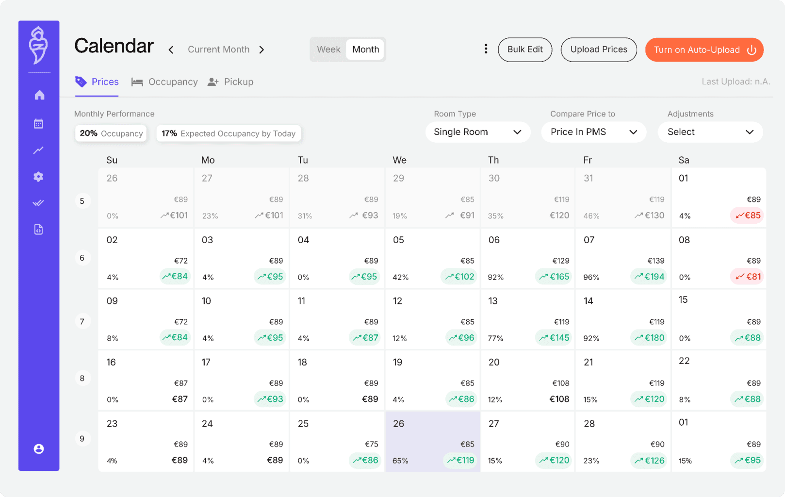 RoomPriceGenie pricing calendar — recommended rates per day